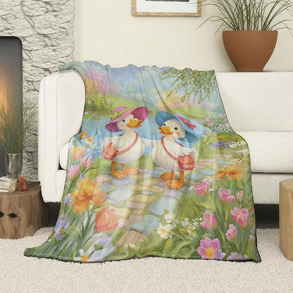 Duck Friends Blanket, Soft Cozy Lightweight Cute Ducks in Hats with Colorful Flowers Throw Blanket for Women Girls Kids, Sofa Couch Bed 40x50 Inch Flannel Blankets for Travel Decor Gifts