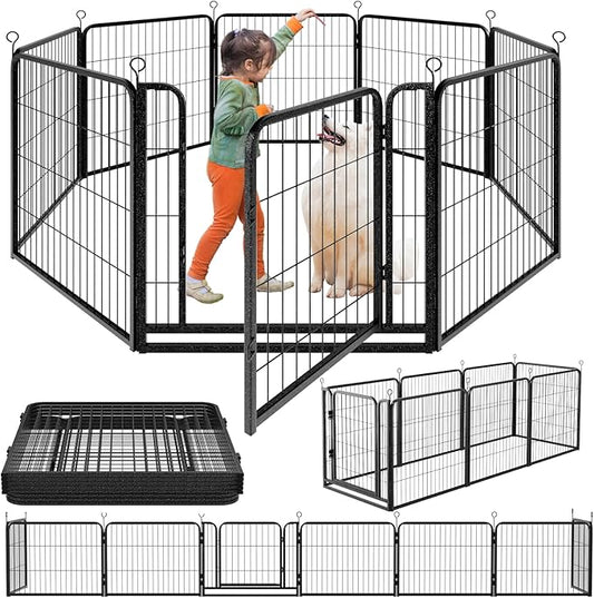 Dog Playpen Outdoor Extra Wide 8 Piece Panels Heavy Duty Dog Fence 32" Height Anti-Rust with Doors Portable for RV Camping Yard, Total 21FT, 35 Sq.ft, Snowy Black