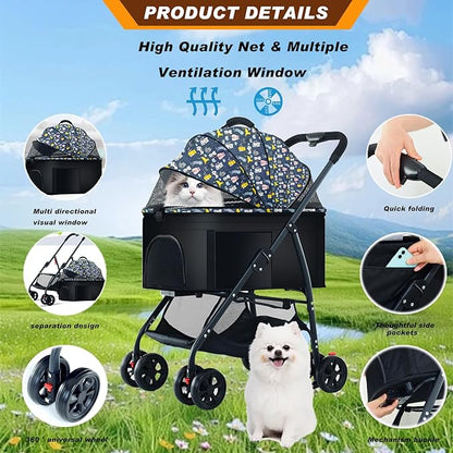 Pet Stroller 3 in 1 Folding Lightweight Dog Stroller with Detachable Carrier & Storage Basket, Premium 4 Wheels Travel Stroller for Small/Medium Pet (Blue)
