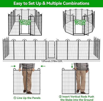 Dog Playpen Outdoor 12 Piece Panels Heavy Duty Dog Fence 47" Height Anti-Rust with Doors Portable for RV Camping Yard, Total 27FT, 58 Sq.ft, Snowy Black