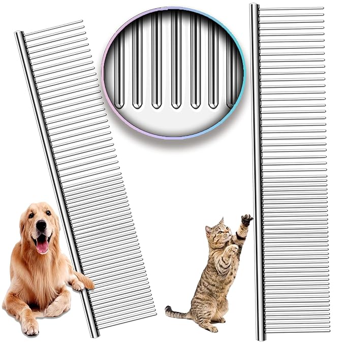Metal Comb for Dogs, Metal Dog Combs, 2 Pack Cat Comb with Rounded Ends Stainless Steel Teeth, Professional Grooming Tool for Long and Short Matted Haired, Njiszhi 7.48IN*1.57IN