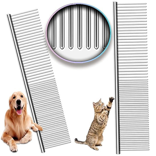 Metal Comb for Dogs, Metal Dog Combs, 2 Pack Cat Comb with Rounded Ends Stainless Steel Teeth, Professional Grooming Tool for Long and Short Matted Haired, Njiszhi 7.48IN*1.57IN