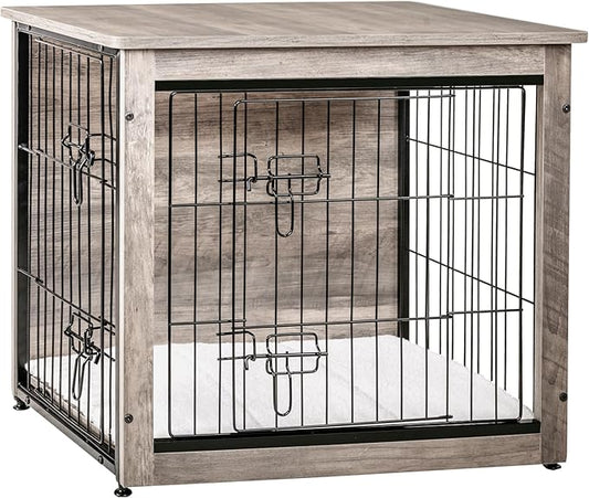 DWANTON Dog Crate Furniture with Cushion, Wooden Dog Crate with Double Doors, Dog Furniture, Dog Kennel Indoor for Small/Medium/Large Dogï¼_nd Table, Small, 27.2" L, Greige
