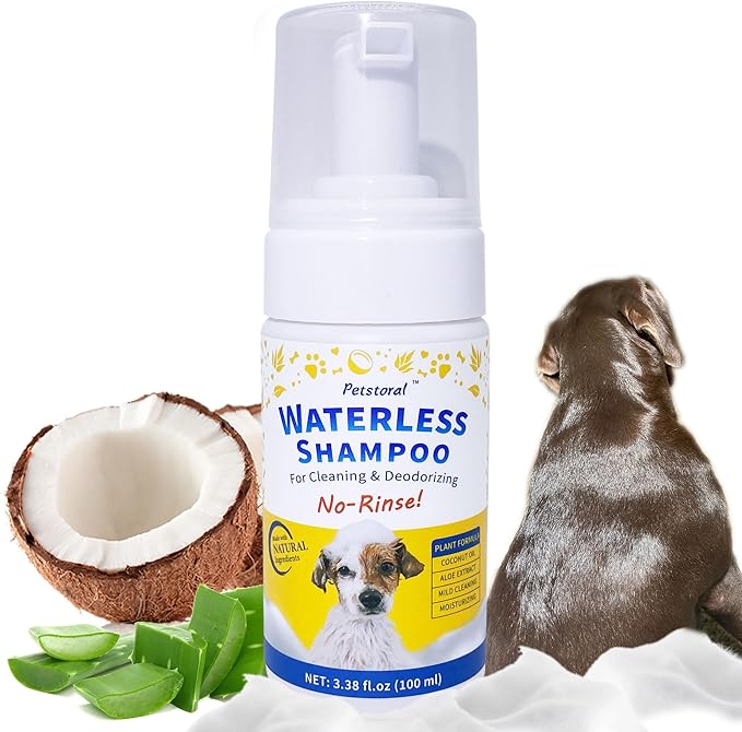 Waterless Dog Shampoo No Rinse Puppy Dry Hypoallergenic Shampoo and Conditioner - Soothing and Deodorizing Quickly Cleans Smelly Dogs and Cats (3.38 fl oz/100ml)