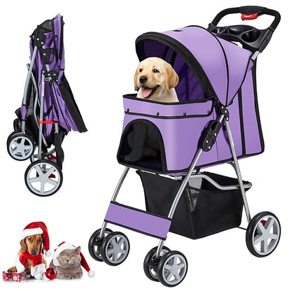 4 Wheels Pet Stroller for Small Medium Dogs Cats 33 lbs, Breathable Foldable Jogger Stroller with Storage Basket, Travel Puppy Stroller for All-Season, Move Pad & Protective Lock, Purple