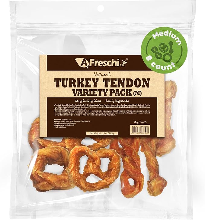Afreschi Turkey Tendon Dogs Treats, 10 oz Variety Pack (for Medium Breeds), Turkey Sourced from USA, All Natural Puppy Chew, Hypoallergenic, Rawhide Alternative