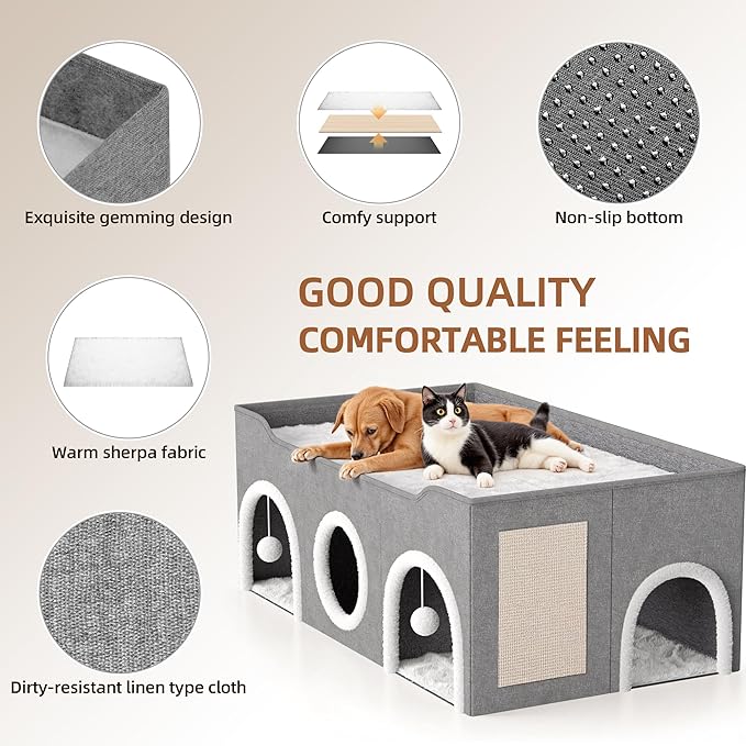 All-in-1 Extra-Wide Cat House for Indoor, Multi Cats Puppy Family, Large Cat Cave for Pet House with Fluffy Ball Hanging and Scratch Pad, Foldable Dog Hideaway, 35.4x19.6x13.3 inches, Grey