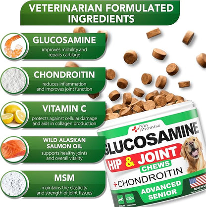 Advanced Glucosamine for Dogs - 170 Chews - Senior Hip and Joint Supplement for Dogs - Glucosamine Chondroitin - Dog Joint Health Pain Relief Pills - MSM - Mobility Support Supplement - Made in USA