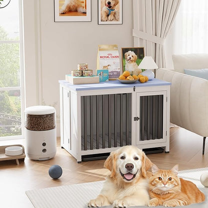 33in Furniture Dog Crate, Large/Medium Dog Crate End Table, Solid Wood Portable Foldable Indoor, No Assembly Needed (White and Blue)