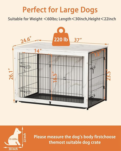 Megidok Wooden Dog Crate Furniture with Cushion, End Table with Tray, Double Doors (L:37" W:25" D:26" H, Marble White)