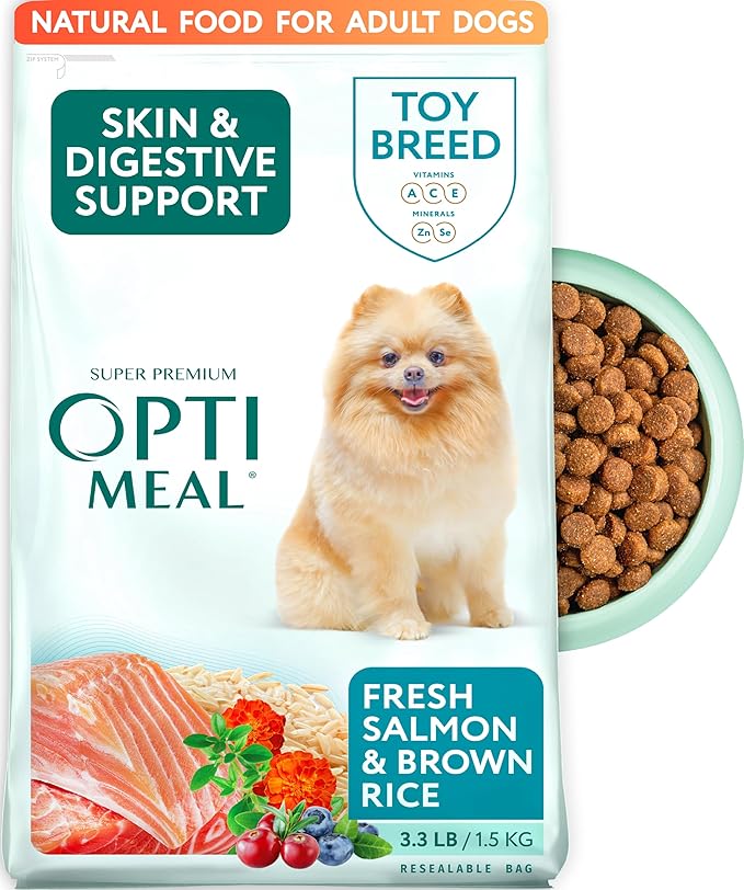 Optimeal Toy Breed Dry Dog Food  Small Kibble for Small Dogs, High Protein, Natural Ingredients, Skin & Digestive Support, Premium European Nutrition  Salmon & Brown Rice, 3.3 lbs