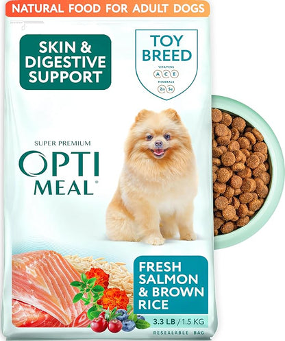 Optimeal Toy Breed Dry Dog Food  Small Kibble for Small Dogs, High Protein, Natural Ingredients, Skin & Digestive Support, Premium European Nutrition  Salmon & Brown Rice, 3.3 lbs