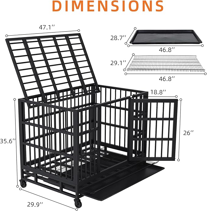 Shintenchi 48 inch Heavy Duty Crates for Large Dog, Indestructible and Escape-Proof Cage Kennel with Lockable Wheels, Double Door High Anxiety with Removable Tray, Black