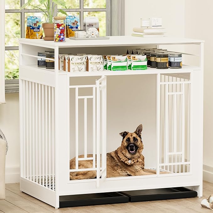 43.3 Inch Wooden Dog Crate Furniture for Large Dogs with Storage Drawers,Heavy Duty Double Door Pet Kennel with Divider,Decorative Dog House for Living Room,Bedroom,White