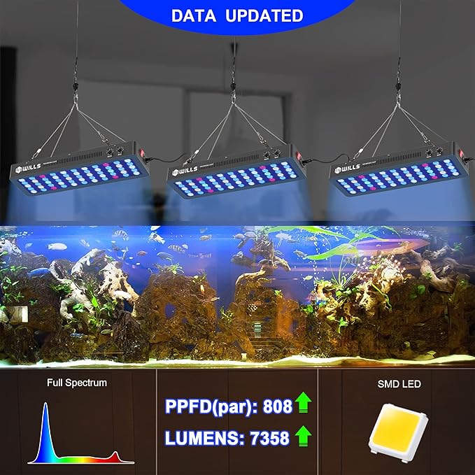 WILLS Full Spectrum Aquarium Light, Reef Lights for Coral with Dual Dimmable Channels, 55 Premium SMD Chips, Daisy Chain Design, Hanging Saltwater Fish Tank Light for SPS/LPS Coral Reef (165W/Black)