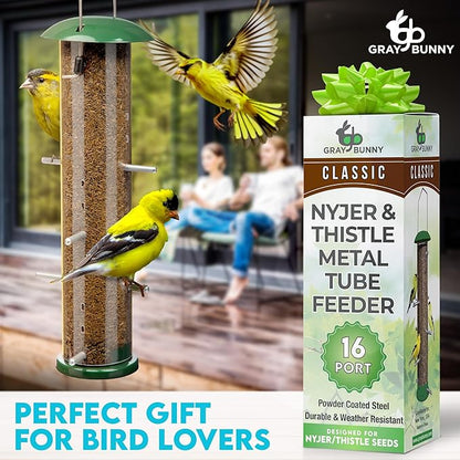 Finch Bird Feeder for Outdoors (16 Ports) Thistle & Nyjer Seed Hanging Feeder with 16 Ports and 8 Metal Perches, Chew-Proof Metal Design for Wild Birds