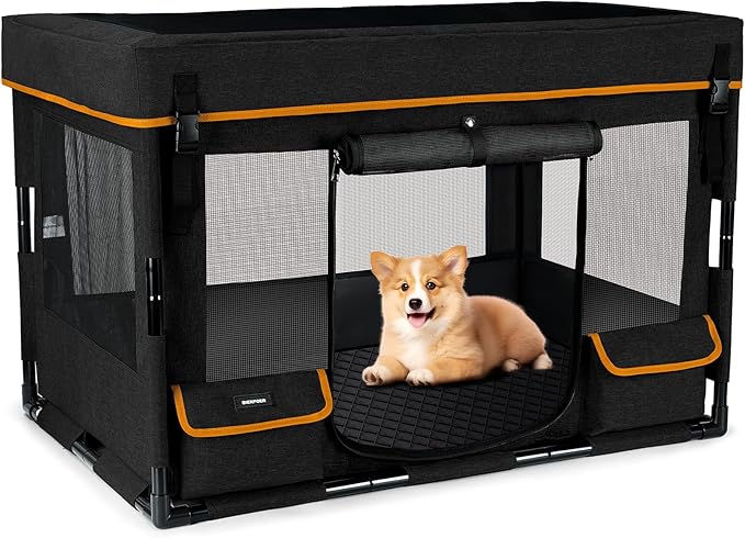Durable Dog Playpen with Iron Frame, Heavy-Duty Pet Tent with Waterproof Base & Mesh Sides for Indoor Outdoor Use, Black
