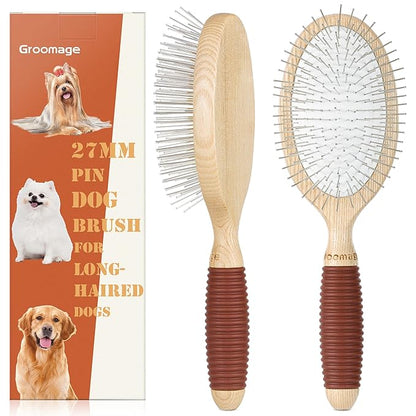 Dog Brush, Pin Brush for Dogs, 27mm Extra Long Pin Brush, Dog Grooming Brush for Shedding, Dog Brush for Long Haired Dogs - Ash Wood Material, Non-Slip Rubber Handle, Round-Tipped Pins