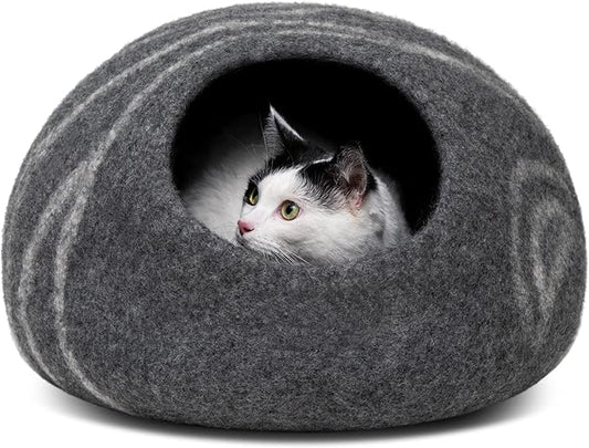 MEOWFIA Cat Cave  Premium Felt Cat Bed for Indoor Cats, Handmade 100% Merino Wool (Large, Dark Grey)