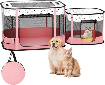 Portable Cat Playpen, 8-Rod Reinforced Kitten Dog Playpens, Foldable Play Pen for Indoor Cats Enclosed Pet Puppy Doggy Outdoor, Collapsible Tent Kennel Cage, Pink