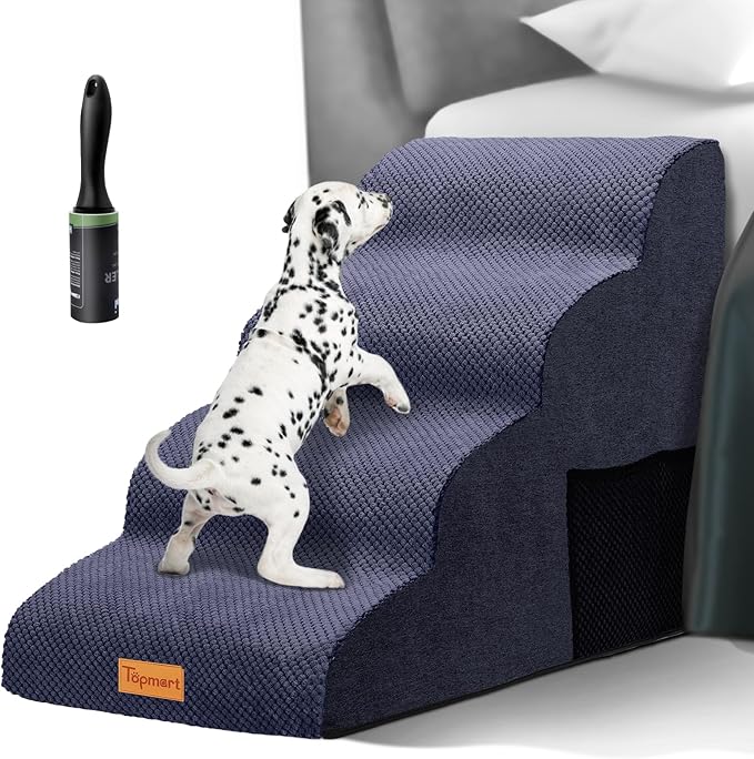 Topmart High Density Foam Dog Steps 4 Tiers,Extra Wide Deep Pet Steps,Non-Slip Pet Stairs,Dog Ramp for Bed,Soft Foam Dog Ladder,Best for Older Dogs Injured,Older Pets,Cats with Joint Pain