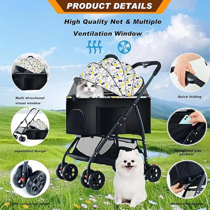 Pet Stroller 3 in 1 Folding Lightweight Dog Stroller with Detachable Carrier & Storage Basket, Premium 4 Wheels Travel Stroller for Small/Medium Pet (White)