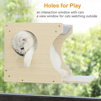 Window Cat Perch Shelves for Inside, Sturdy Wood Climbing Seat Mounted with Heavy Duty Suction Cups, Corner Window Bed for Overlooking and Sleeping(Right)
