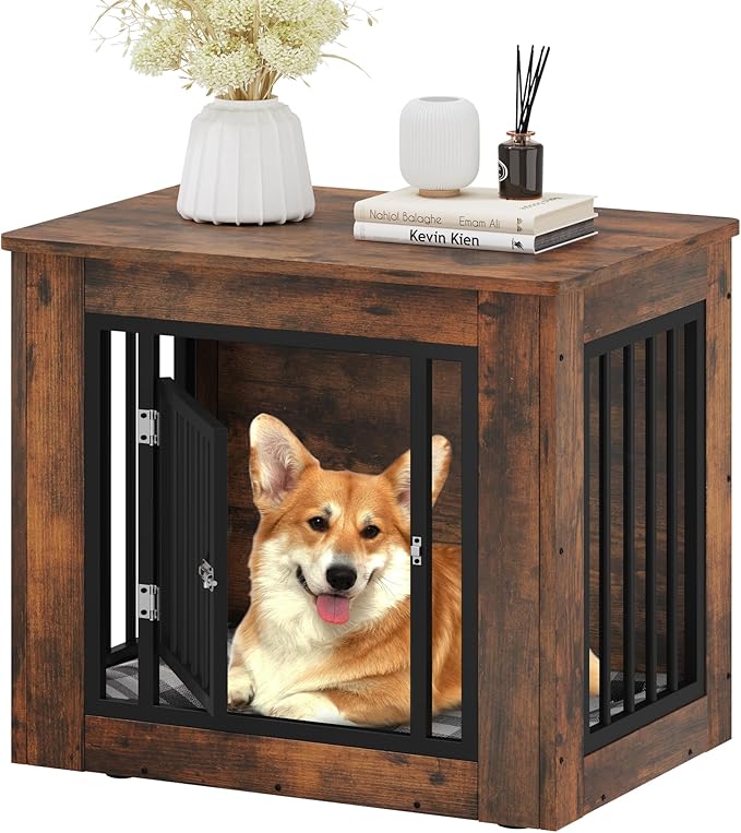 YITAHOME 27.2" L Dog Crate Furniture for Medium Dogs, 2-in-1 Iron-Wood Fusion Dog cage Indoor up to 30 lb, Side End Table, Modern Dogs Kennel with Waterproof Top, Safety Corners,Steel Lock,Rustic