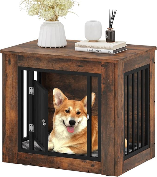 YITAHOME 27.2" L Dog Crate Furniture for Medium Dogs, 2-in-1 Iron-Wood Fusion Dog cage Indoor up to 30 lb, Side End Table, Modern Dogs Kennel with Waterproof Top, Safety Corners,Steel Lock,Rustic
