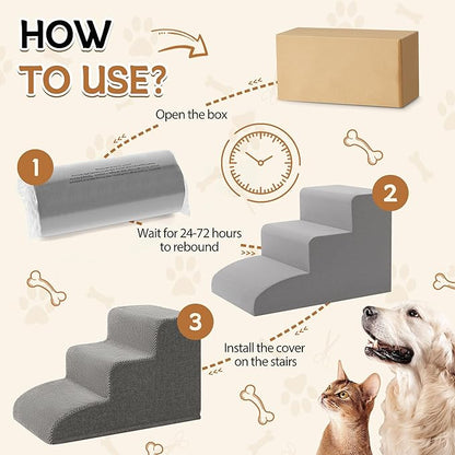 High Density Foam Dog Stairs Ramp for Beds Couches, Romrol 15.7" H Pet Steps with Durable Non-Slip Waterproof Fabric Cover, Dog Slope Stairs Friendly to Small Dogs and Cats or Pets Joints