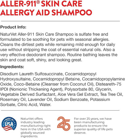 NaturVet Aller-911 Skin Care Allergy Aid Pet Shampoo With Aloe Vera – Pet Health Supplement Shampoo & Grooming Aid for Dermatitis, Dog Skin Allergies, Itching, Hot Spots, Cat Rashes – 16 Oz.