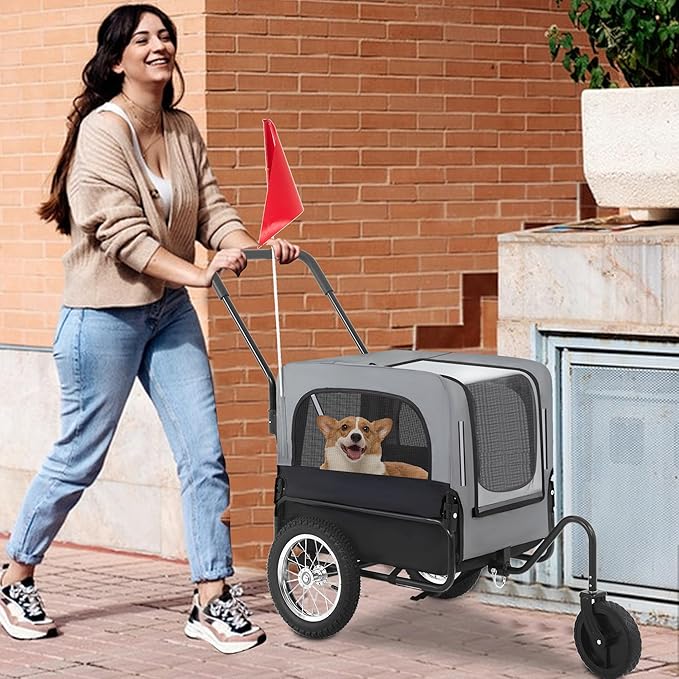 FDW Dog Stroller 2-in1 Dog Bike Trailer Pet Stroller Bicycle Carrier with Hitch Suspension Visibility Flag & Reflectors for Small Medium & Large Dogs, Gray