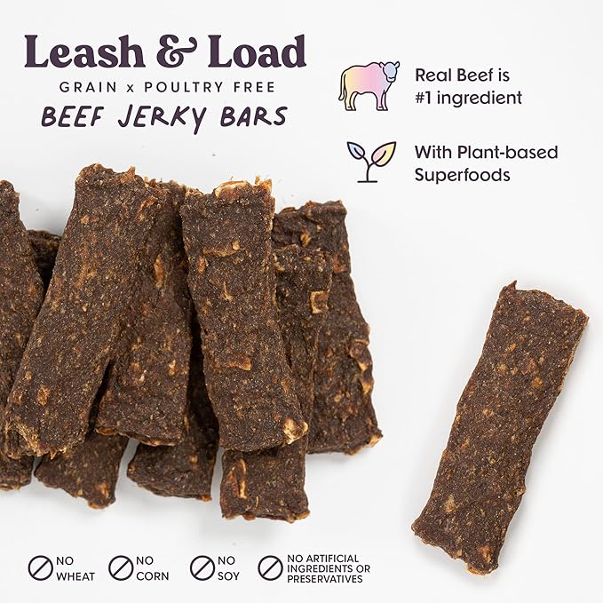 Bundle x Joy Leash & Load Dog Treats Beef Jerky Snack Bars, 5 oz Bag, Puppy and Training Treats, Natural Superfood Grain Free Made with Real Beef, Superfoods, Corn, Poultry & Soy Free