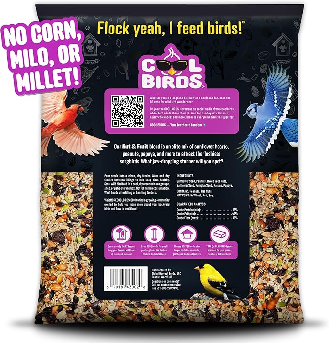 Nut & Fruit Wild Bird Seed  10 lb. Gourmet Bird Food with Sunflower Hearts, Peanuts, Tree Nuts & Real Fruit  No Corn, Milo or Millet Bird Seed for Outside Feeders