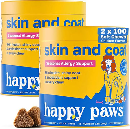Happy Paws Skin & Coat Supplement for Dogs, Shedding & Hair Growth Support for All Breeds & Ages, Made with Coconut Oil & Vitamin B12, Vegan Chicken Flavor, Organic, Non GMO, 200 Soft Chews