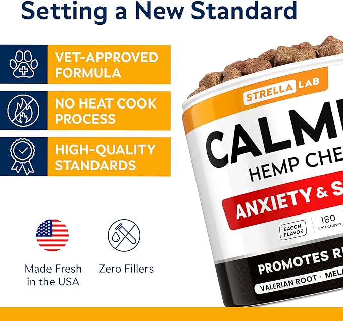 STRELLALAB Hemp Calming Chews for Dogs - Melatonin Dog Treats - Anxiety Relief - Calming Chews - Sleep & Stress Aid for Separation - 180 Treats