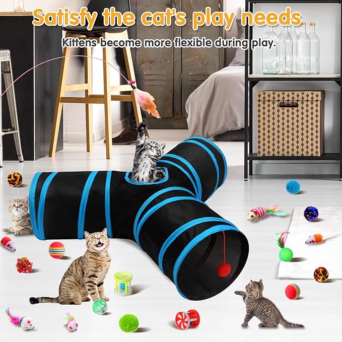 Poen 22pcs Cat Kitten Toys Set with 2 Collapsible Cat Tunnel and 20 Interactive Kitty Feather Toy, Fluffy Mouse, Crinkle Balls, for Kitten Puppy(Blue, Black)