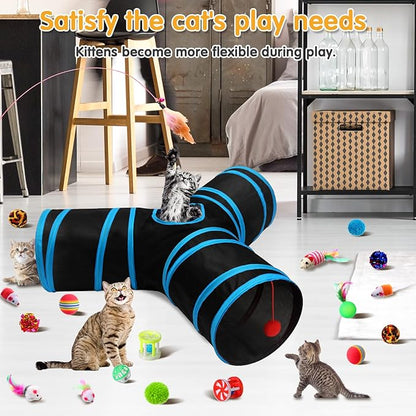 Poen 22pcs Cat Kitten Toys Set with 2 Collapsible Cat Tunnel and 20 Interactive Kitty Feather Toy, Fluffy Mouse, Crinkle Balls, for Kitten Puppy(Blue, Black)