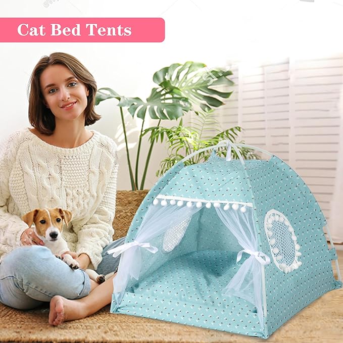 Gigreinc Cat Princess Indoor Tent House Pet Dog Cute Flower Cave Nest Bed Kitten Tent Suitable for Samll Dogs (M:38x38x36cm/15x15x14inch, Flower Green)