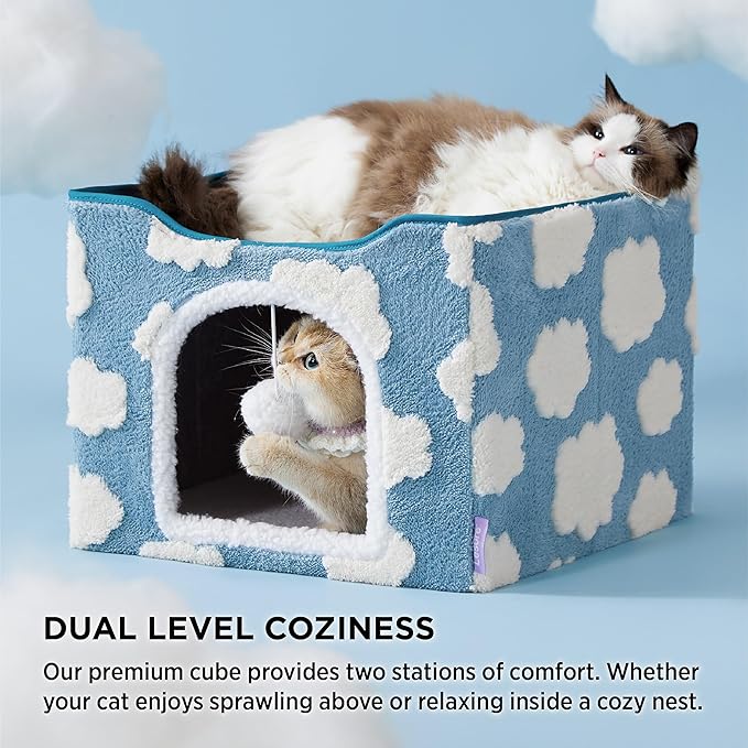 LE SURE Indoor Cat Beds Kitten House - Large Cat Cave for Pet Cube with Fluffy Ball Hanging, Foldable Small Aminal Hideaway, 17 Inches, Cozy Clouds Blue