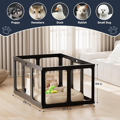 Dog Playpen, 24" Acrylic Plastic Pet Playpen with Door, Puppy Playpen, Indoor Dog Pen, Foldable, Customizable, Black 2 PCS