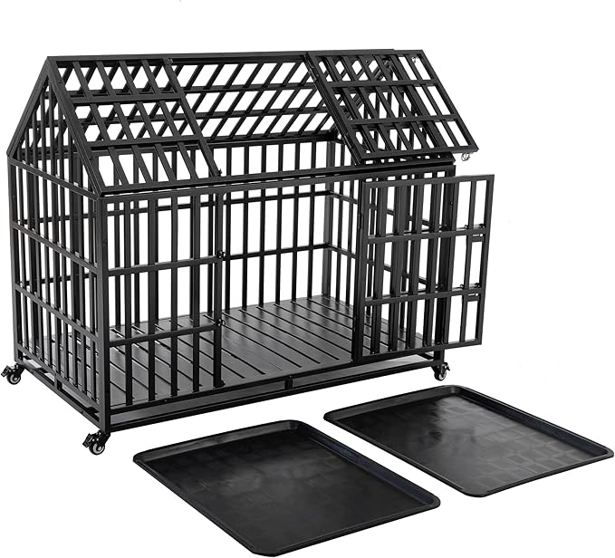52" Heavy Duty Dog Crate,Metal Pet Cage Roof Strong Playpen with Sturdy Latches and Lockable Wheels,Large Kennel W/Removable Trays for Large Dogs,Black