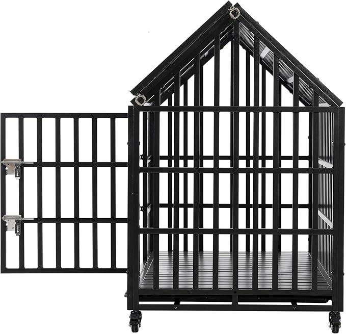 52" Metal Dog Cage with 4 Lockable Wheels, Heavy Duty Dog Kennel with Doors and Roof for Large Dogs, Black
