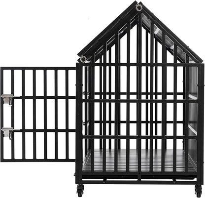 52" Metal Dog Cage with 4 Lockable Wheels, Heavy Duty Dog Kennel with Doors and Roof for Large Dogs, Black