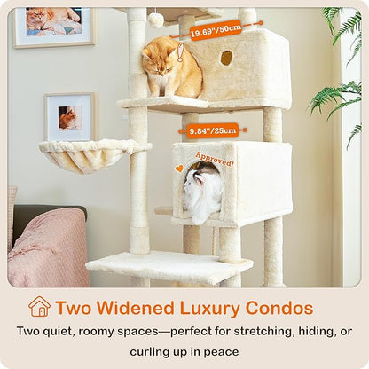 Ouritsu Cat Tree, 73.6 inch Tall Cat Climbing Tower for Large Cat Indoor with 2 Large Condos, 2 Widened Perches, Sisal Covered Scratching Posts, 2 Hammocks, Beige, XLF001WH