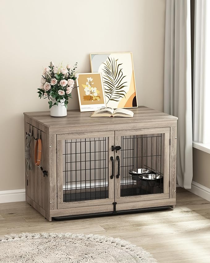 Piskyet Wooden Dog Crate Furniture with 360°Rotatable Removable Dog Bowls, Dog Crate End Table with Tray, Double Doors Dog Kennels for Dogs(L:37.7" L*25.1" W*26.1" H, Gray)