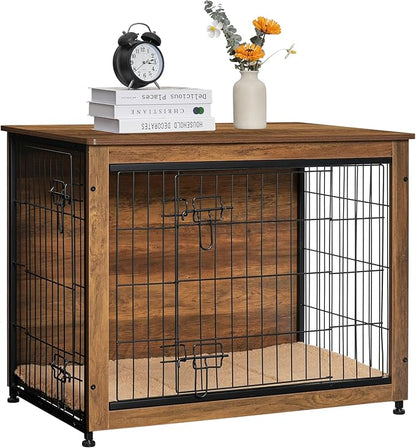 DWANTON Dog Crate Furniture with Cushion, Wooden Kennel Table with Double Doors, Indoor Dog House, Medium Size, 32.5" L, Warm Brown