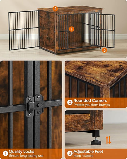 Feandrea Dog Crate Furniture, 43.3" Side End Table, Modern Kennel for Dogs Indoor up to 80 lb, Heavy-Duty Dog Cage with Enclosed Base, Double-Door Dog House, Rustic Brown UPFC024X01