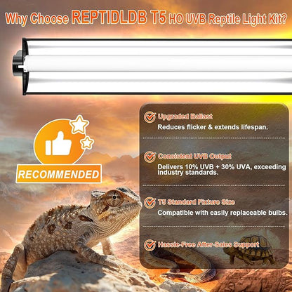 24W T5 UVB Reptile Light Fixture Combo Kit – 10.0 UVB Fluorescent Tube for Bearded Dragons, Lizards & Tortoises – UVA UVB Reptile Light, 22" Terrarium Hood (UVB 10.0-Desert, 22INCH-24W)