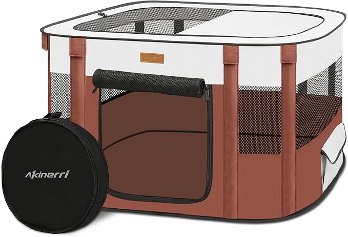 Dog Playpen - Foldable Cat Play Pens for Pubby, Kitten, Rabbit, Portable Pet Tent with Carring Bag for Indoor/Outdoor Travel Camping (Brown-Large)